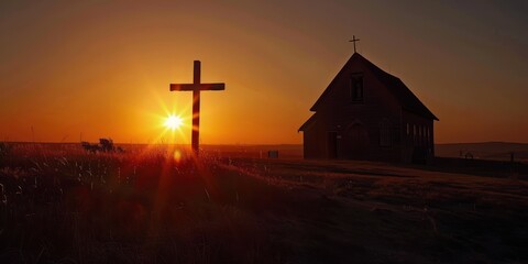 A cross silhouette against the setting sun outside a rural church.