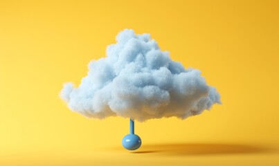 3d render, blue heavy weight is hanging under the levitating cloud, isolated on yellow background. Modern minimal scene. Abstract paradox metaphor, Generative AI 
