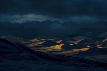 a painting of a mountain range at night
