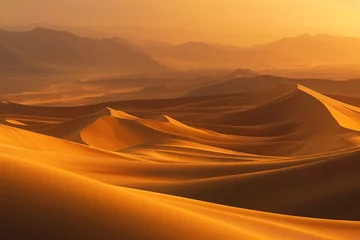 Schilderijen op glas a desert landscape with sand dunes and mountains in the background © Dariusz
