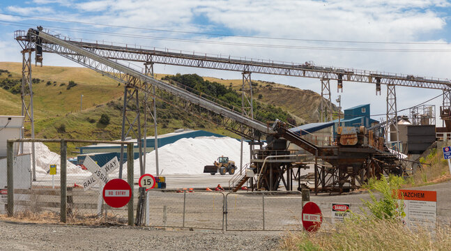 A salt works off Lake Grassmere near the Pacific Ocean beach of Marfells on the isolated east coast of the South Island of New Zealand.
