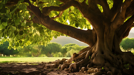 Serene Solitude: A Lush Fig Tree Bathed in Subtle Sunlight, Brimming with Ripe and Young Fruits - obrazy, fototapety, plakaty