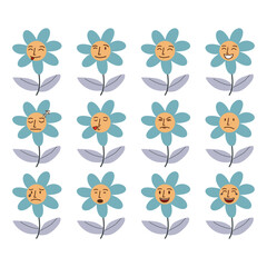 Daisy flowers with cartoon funny smiling faces, chamomile characters. Cute camomile happy emotion. Kids logo design with daisies vector set. Illustration of smile floral flower, bloom camomile