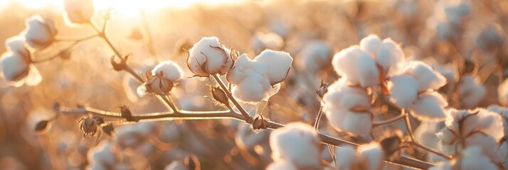 close up of fluffy white cotton buds on a branch in the sunrise