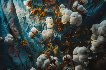 fluffy white cotton buds on a dark blue fabric background - obrazy, fototapety, plakaty
