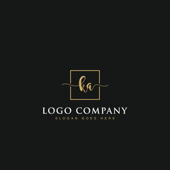 Initials signature letters KA linked inside minimalist luxurious square line box vector logo gold color designs for brand, identity, invitations, hotel, boutique, jewelry, photography or company signs