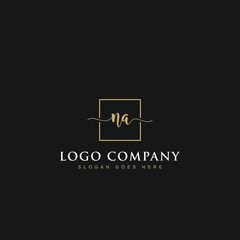 Initials signature letters NA linked inside minimalist luxurious square line box vector logo gold color designs for brand, identity, invitations, hotel, boutique, jewelry, photography or company signs