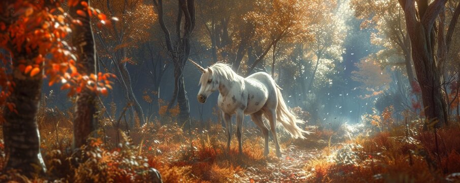 Mystical unicorn in an autumn forest