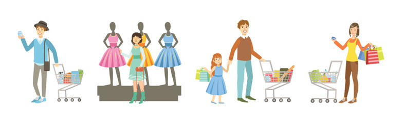 People Character with Shopping Bags Enjoy Sale Vector Set