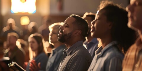 A group of worshippers singing hymns together during a church service.  - obrazy, fototapety, plakaty