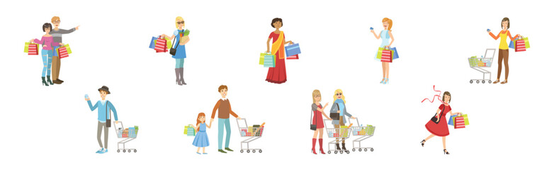 People Character with Shopping Bags Enjoy Sale Vector Set