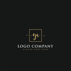 Initials signature letters YA linked inside minimalist luxurious square line box vector logo gold color designs for brand, identity, invitations, hotel, boutique, jewelry, photography or company signs
