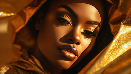 Black woman with gold makeup beauty fashion concept. Salon ethnic cultural theme. Portrait closeup Beauty fantasy African woman's Golden shiny skin. Fashion model posing. Professional metallic makeup