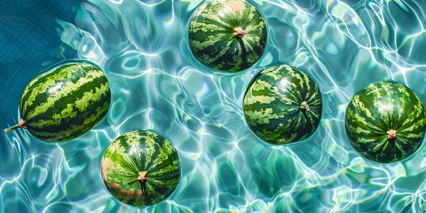 overhead view of watermelons floating in a summer swimming pool