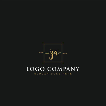 Initials signature letters ZA linked inside minimalist luxurious square line box vector logo gold color designs for brand, identity, invitations, hotel, boutique, jewelry, photography or company signs