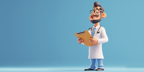 3d render. Cartoon doctor character holds clipboard. Clip art isolated on blue background. Professional consultation. Medical concept, Generative AI  - obrazy, fototapety, plakaty