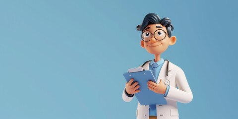 3d render. Cartoon doctor character holds clipboard. Clip art isolated on blue background. Professional consultation. Medical concept, Generative AI  - obrazy, fototapety, plakaty