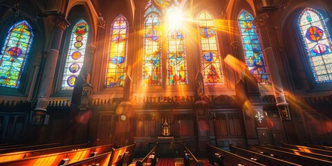 A historic church with intricate stained glass windows, glowing in the sunlight. 