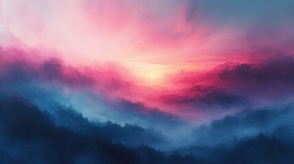 Obraz premium Sunset over misty mountains digital painting