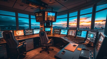 Modern Air Traffic Control Tower Interior. Advanced air traffic control tower cockpit features multiple illuminated monitors and control panels during twilight.