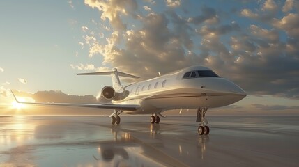 Private Jet Illuminated by Sunset Sky. Sunset casts a warm glow on a private jet on the tarmac, highlighting its sleek design and the surrounding clouds. - obrazy, fototapety, plakaty