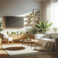 灰色のソファのある現代的な暗い部屋に、空白のテレビ画面が表示されます。テレビはリビング ルームにあり、画像は空の表示テンプレートを示すモックアップです。