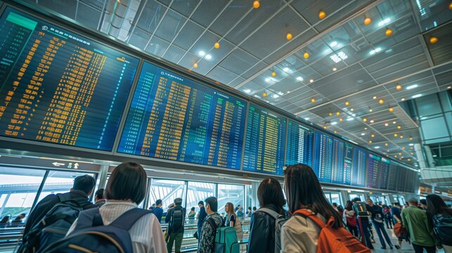 Busy Airport Flight Information Display System. Passengers at an airport check a flight information display system, detailing flight schedules and statuses.