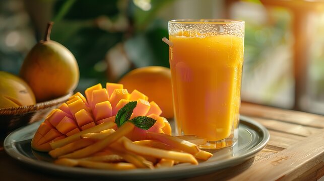 A food tray with cut mango, fries and a dish with delectable mango juice displayed against a fuzzy backdrop with an advertising theme, Generative AI.