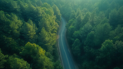 A winding road in a green forest.