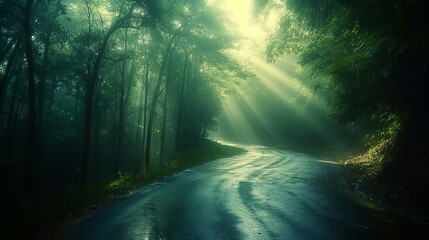 Fototapeta na wymiar A winding road in a green forest.