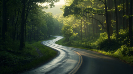 Fototapeta premium A winding road in a green forest.