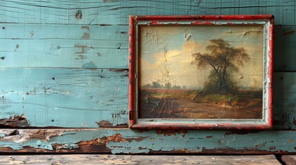 Vintage landscape painting on a rustic wooden wall