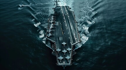 Stealth Aircraft on Aircraft Carrier in Mid-Ocean. Stealth aircraft are strategically positioned on the deck of an aircraft carrier, cruising through ocean waters, ready for tactical operations. - obrazy, fototapety, plakaty