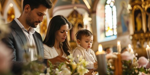 A family gathered around the altar, witnessing the christening of their child.  - obrazy, fototapety, plakaty