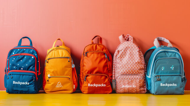The image shows backpacks in various colors lined up against a solid background.