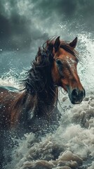 Majestic horse emerging from ocean waves