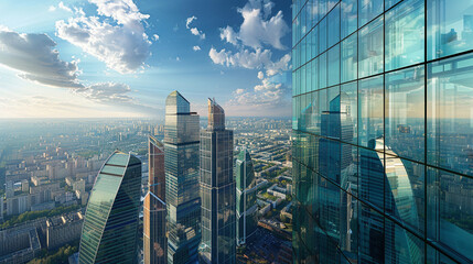 Urban Landscape with Glass Skyscrapers Reflecting Cityscape