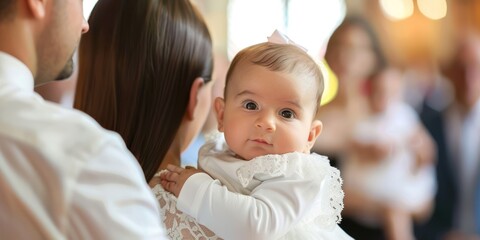 A baby dressed in a white christening gown, held in the arms of their parents during the ceremony. 