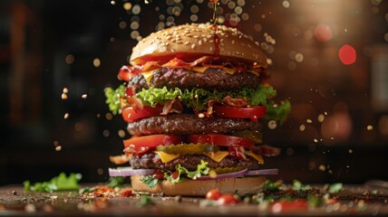 A juicy burger with all the fixings being assembled in mid-air
