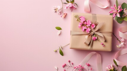 A gift box with pink flowers and a ribbon on pastel background.