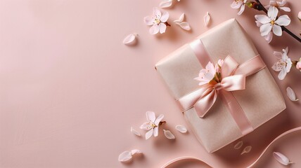 A gift box with pink ribbon and cherry blossoms on a pastel background.
