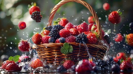 A basket of fresh berries being spilled, with fruits scattering around - obrazy, fototapety, plakaty