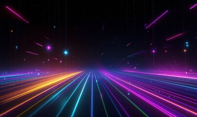 3d animation, abstract background with stream of neon lines leaving glowing tracks. Stars falling down. Colorful spectrum laser rays sliding and going, Generative AI 