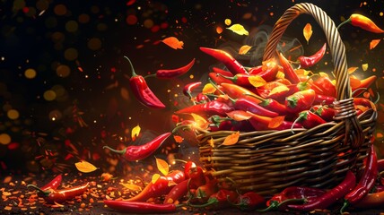 A basket of vibrant chili peppers being tipped over, with peppers scattering