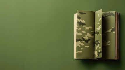 An open book with a camouflage cover on green background.