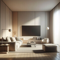 Televisión colocada sobre una mesa de madera con soporte para televisión, en un espacio vacío mínimo, sala de estar, fondo de pared blanca.