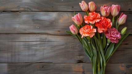A bouquet of fresh tulips and carnations arranged on a rustic wooden background with space for text.