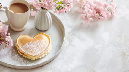 Heart-shaped pancake on a plate with cup of coffee and pink flowers in vase nearby.
