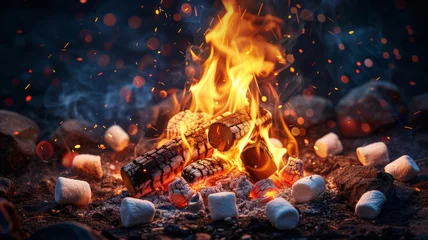 Foto auf Acrylglas A crackling campfire with marshmallows roasting on sticks © Anuwat