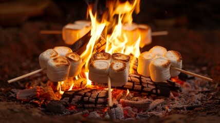 A crackling fire with marshmallows on sticks, getting toasted to perfection